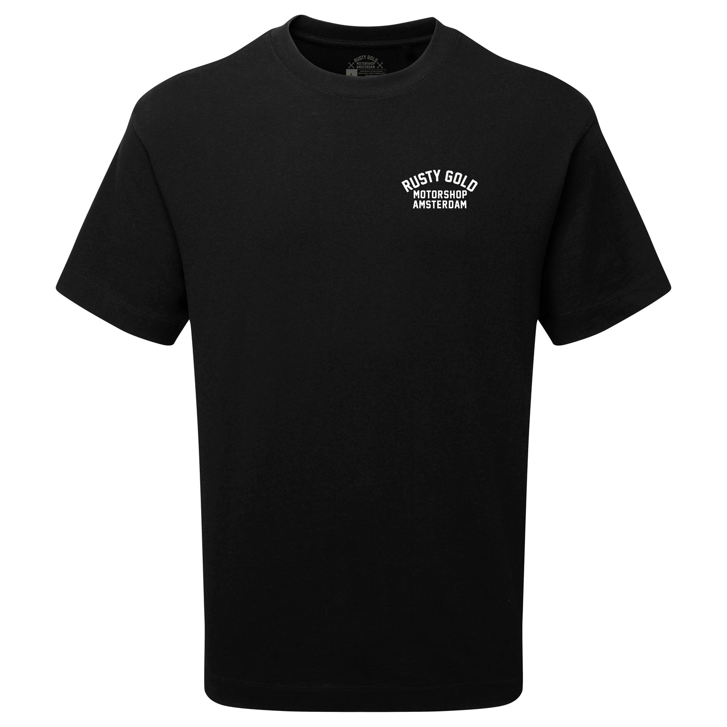Rusty Gold chest logo tee White On Black