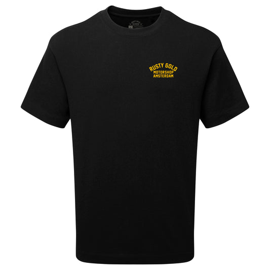 Rusty Gold chest logo tee Yellow On Black