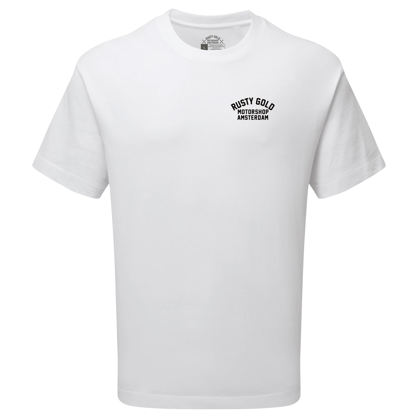 Rusty Gold chest logo tee Black on White