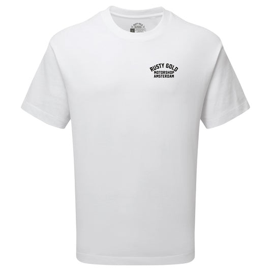 Rusty Gold chest logo tee Black on White