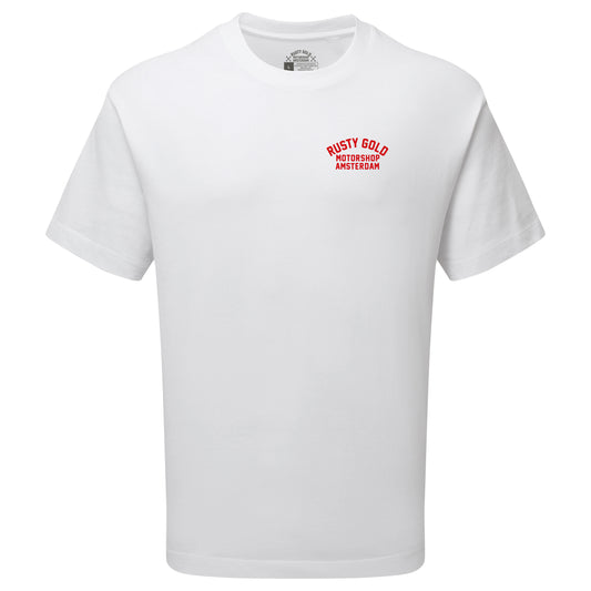 Rusty Gold chest logo tee White Red