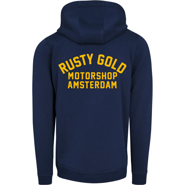 Rusty Race Hoodie Navy u0026 Gold - Rusty Gold Motorshop