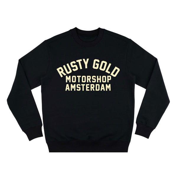 Rusty Race Sweater Black Vintage White Rusty Gold Motorshop
