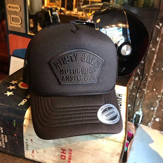 Rusty Gold Shield Trucker - black on black